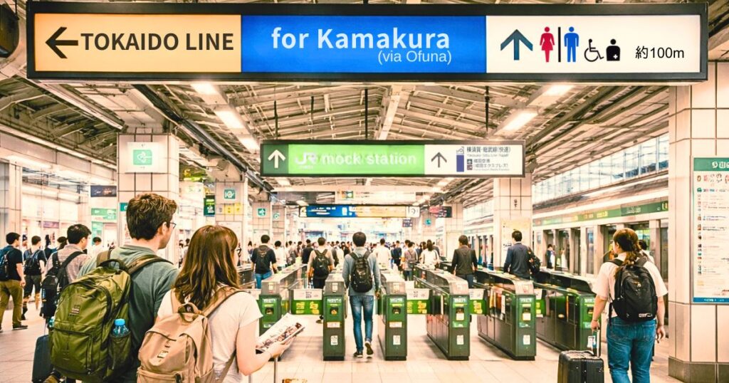 Illustrative image of a Japanese train station interior with clear signs guiding travelers toward Kamakura via Ofuna