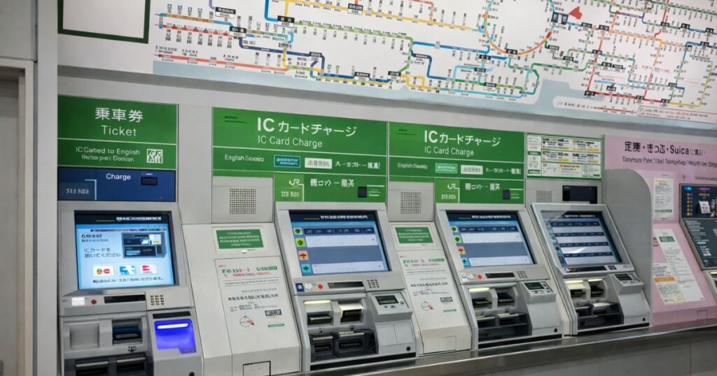 Ticket vending machines at a Japanese train station with English language option