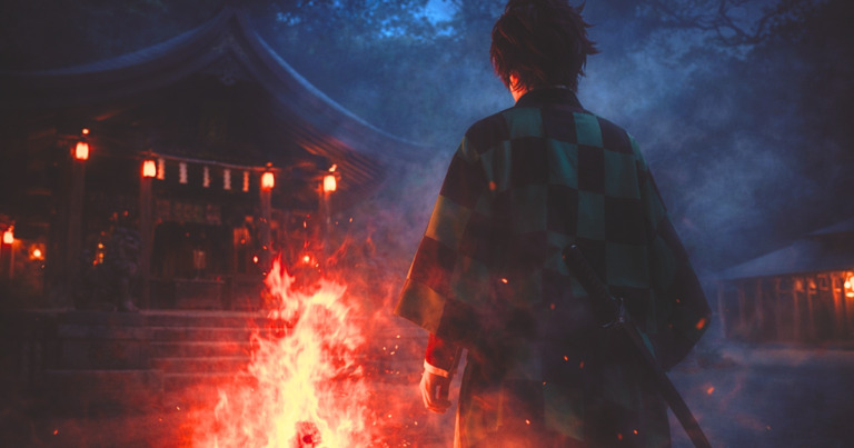 A mysterious, semi-realistic scene of Tanjiro Kamado standing silently with his face unseen, illuminated by sacred fire in front of Homangu Kamado Shrine at night